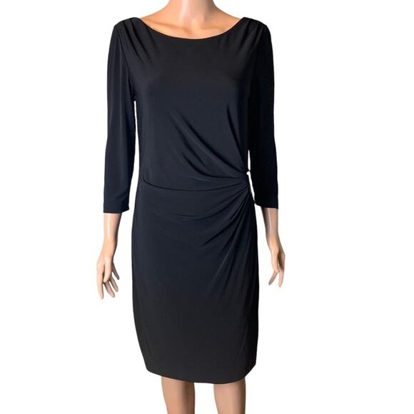 Tahari Ruched Cocktail Little Black Dress Size 8 Gold Buckle Accent Elegant Luxe - Picture 1 of 4